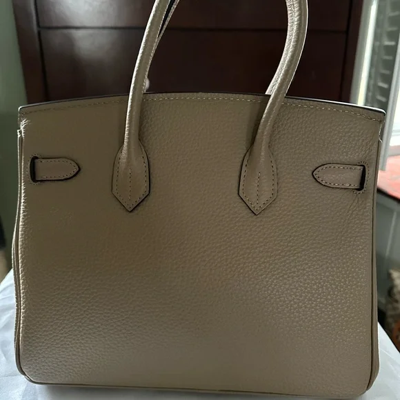 Taupe Leather designer inspired top handle bag size ~25 - Picture 2 of 4